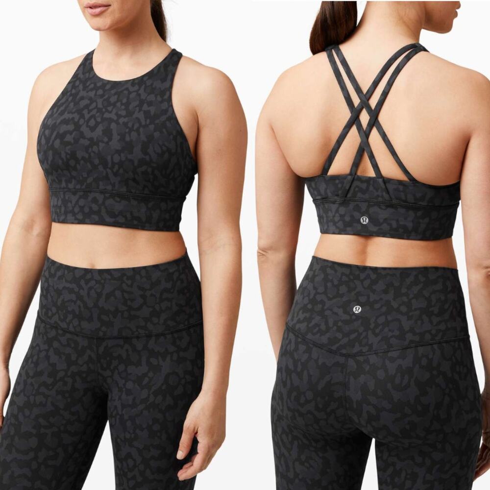 LULULEMON Energy‎ Bra High Neck Long Line Formation Camo Deep Coal Multi Size 8